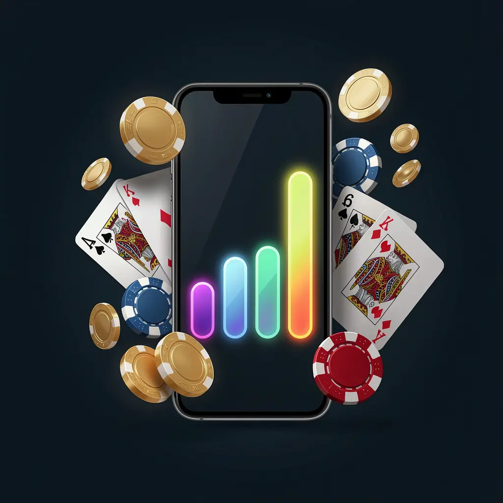 KAOLAJL casino app installation on a smartphone with glowing progress bar, surrounded by coins, chips, and cards on a dark background