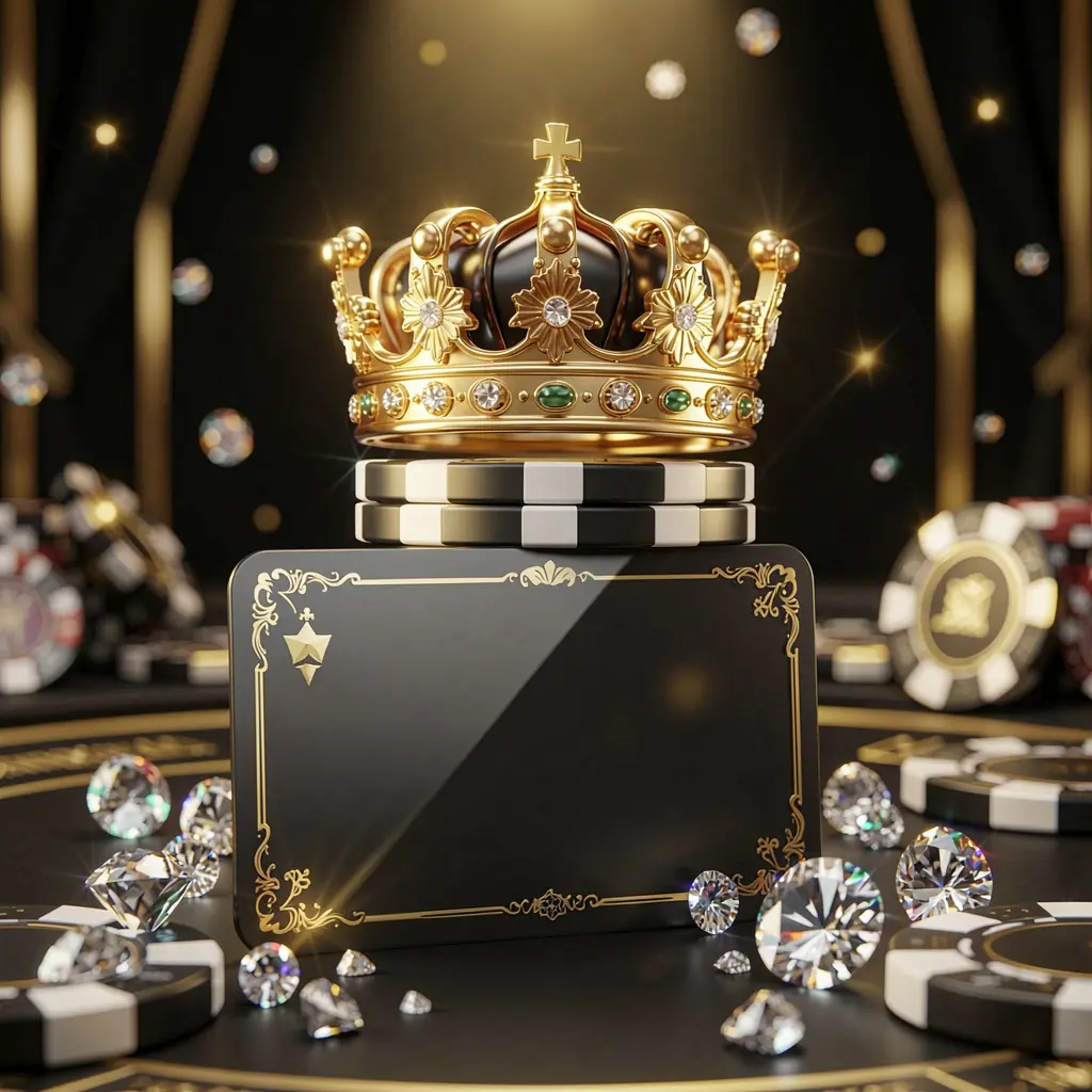 KAOLAJL VIP casino rewards concept featuring an elegant golden crown on top of poker chips with sparkling diamonds and a premium membership card against a luxury black and gold background, creating an exclusive high-end casino atmosphere with a soft golden glow