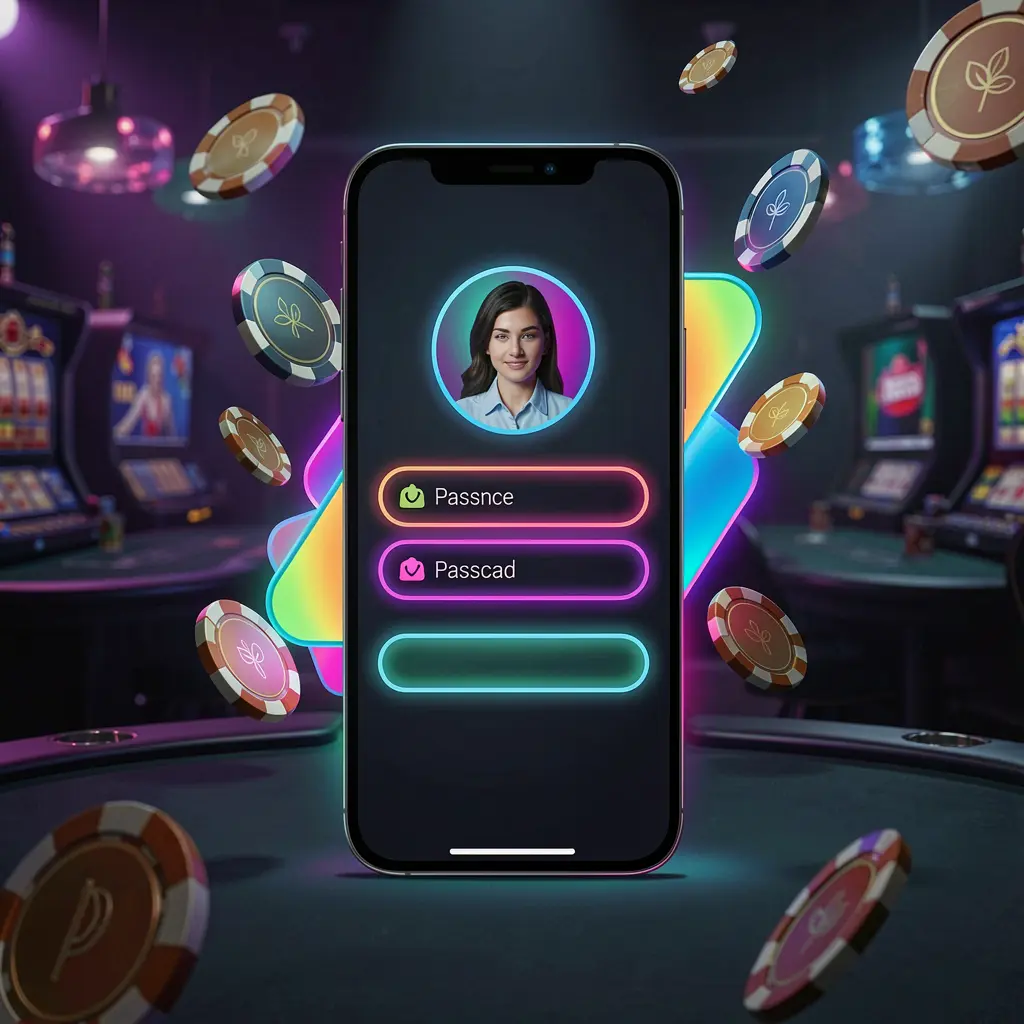KAOLAJL mobile casino login screen on a phone with abstract user profile and password fields, neon glow, flying chips and coins in a dark premium casino atmosphere