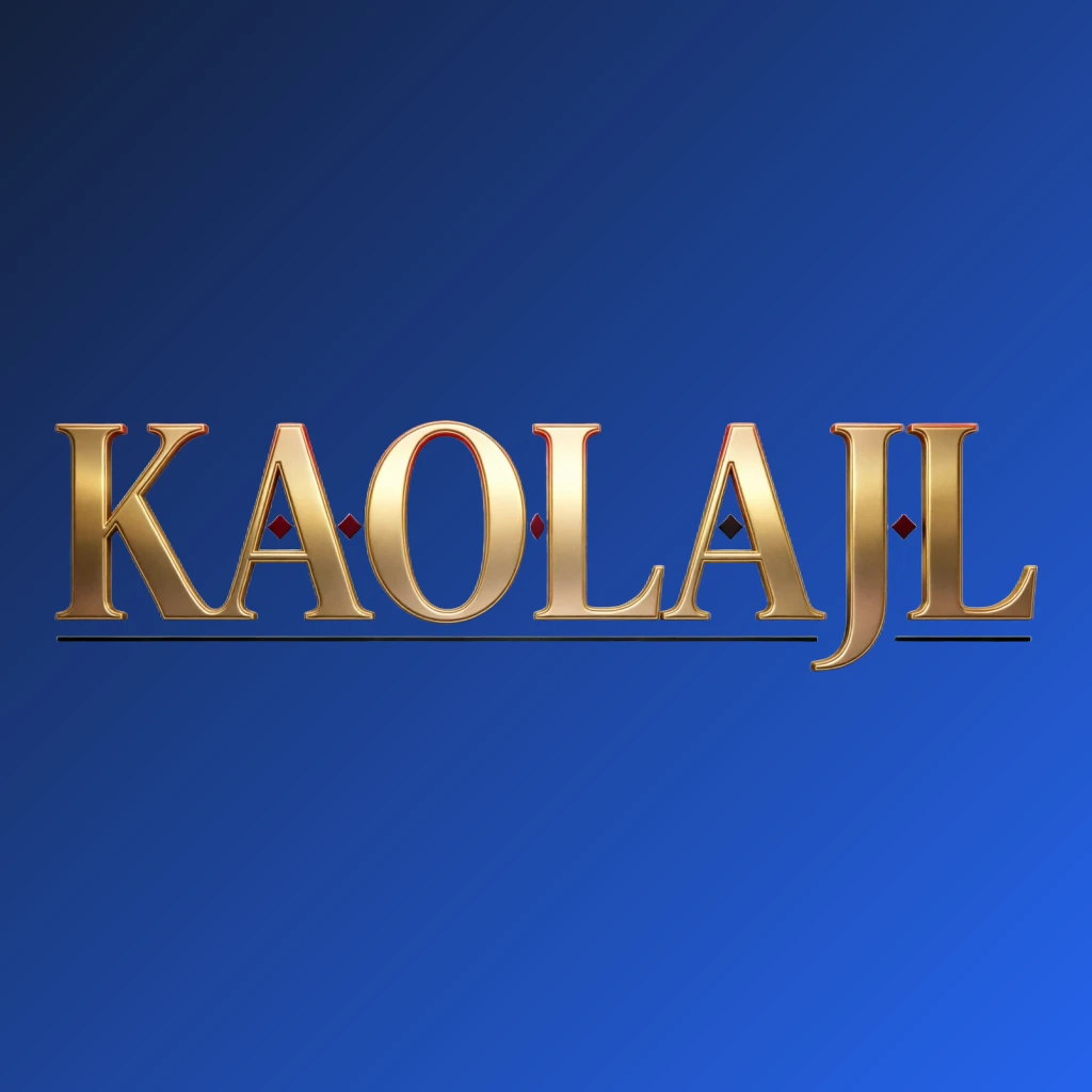 Luxury casino logo for KAOLAJL featuring rich gold gradient text with red and black accents, elegant lighting effects, designed in a wide horizontal rectangular wordmark style with a transparent background, perfect for a high-end entertainment website header
