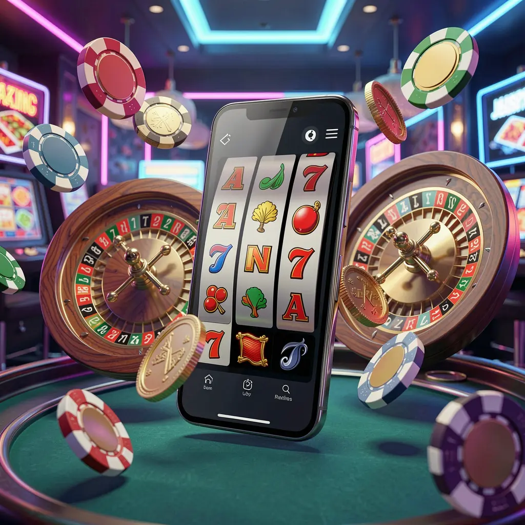 KAOLAJL casino entertainment homepage concept featuring a modern mobile phone surrounded by slot symbols, a roulette wheel, chips, and coins floating against a neon casino background in a premium 3D render